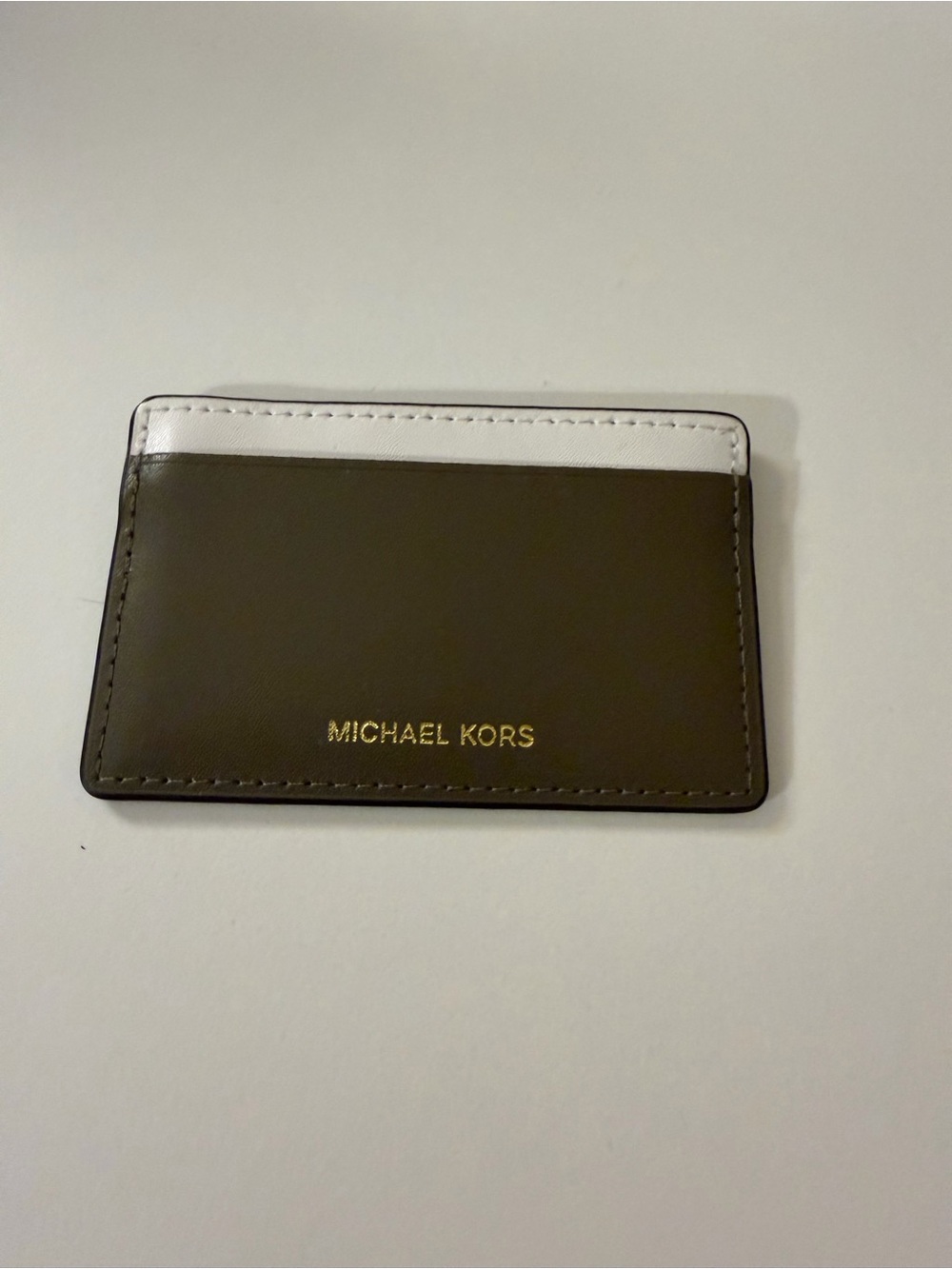 Michael Kors Leather Card Holder in Dark Green/Taupe and White